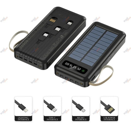 Carregador Portátil Solar 20000mAh 4 Cabos